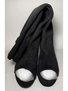 Knee High Boots Faux Suede Peep Toe Black